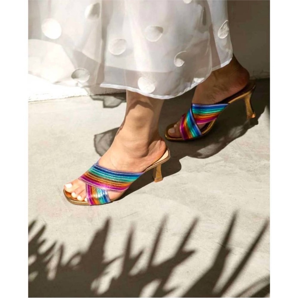 NEW Seychelles Fleet Heel Sandals - Rainbow Gold Metallic Slip on Mules 8 Summer